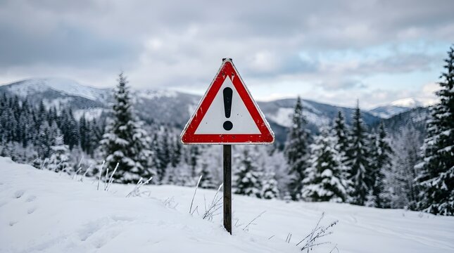 Winter hazard warning sign in a snowy landscape with distant pine trees and a cloudy sky creating a sense of isolation