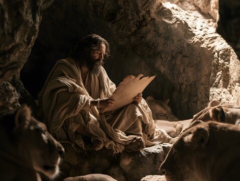 Prophet daniel reading an ancient scroll in a cave with lions, biblical scene of faith and protection