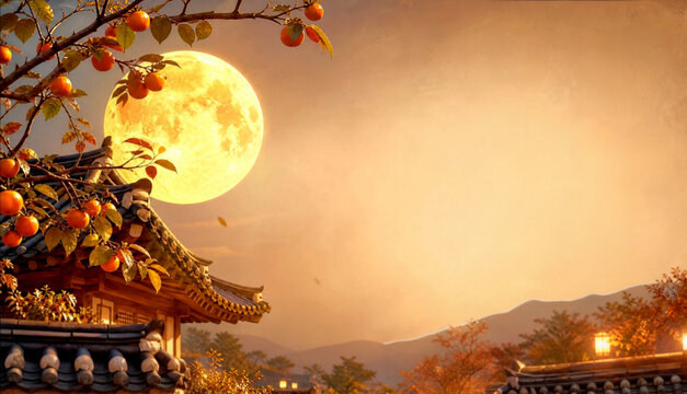 h 기와집 보름달 풍경 Traditional Korean full moon scene