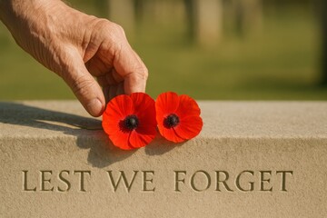 Armistice remembrance day poppies on memorial stone, commemorative concept © dvoevnore