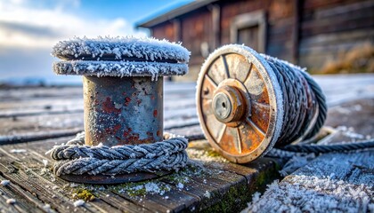 Obraz premium Frost covered mooring bollard and rusty rope winch on wooden dock in winter