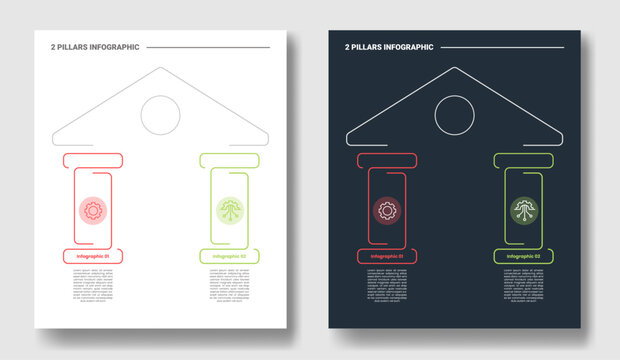 2 pillars step infographic with pediment roof and hexagon capsule column layout with dark and light color mode set with outline style flat vector