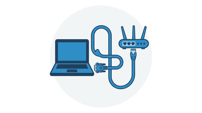 Laptop and Wireless Router Connection with Hardware Network Cables on White Background