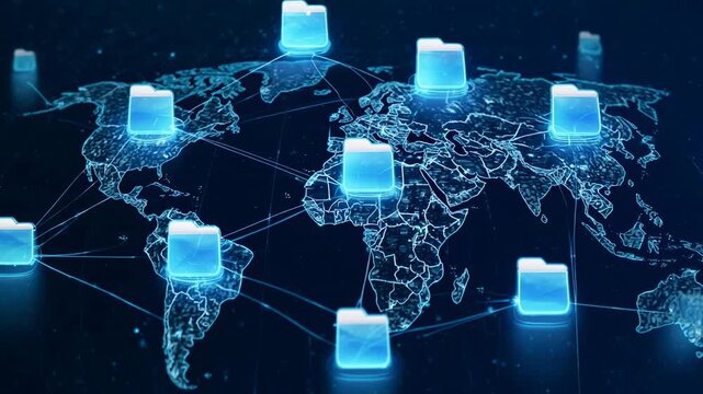 Global network nodes connecting across digital world map with pulsing blue lights and data streams