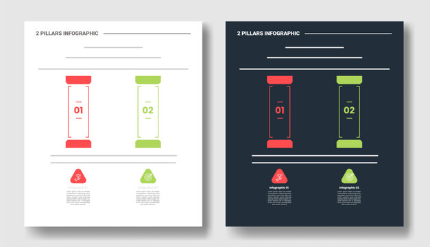 2 pillars step infographic with tab bracket column and plain shaft layout with dark and light color mode set with outline style flat vector