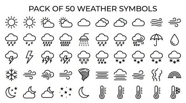 Minimalist pack of 50 weather symbols, black line weather icons set. Modern meteorology forecast signs for mobile app and web design.