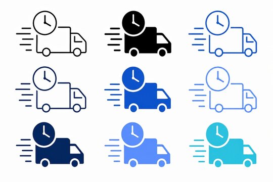 Fast delivery truck icons with clock for quick shipping and logistics