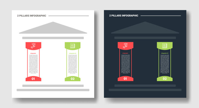 2 pillars step infographic with curly bracket column and number badge layout with dark and light color mode set with outline style flat vector