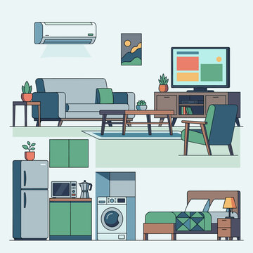 Modern flat vector illustration showing home interior rooms and various household appliances set