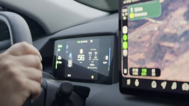 Blurred view of a car interior with a driver holding the wheel, digital speed display, and navigation screen on a modern dashboard.