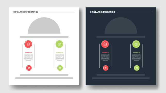 2 pillars step infographic with dome canopy and circle badge column layout with dark and light color mode set with outline style flat vector