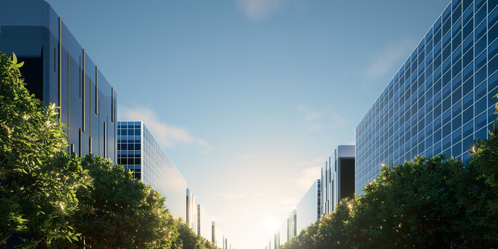 3d cityscape with modern buildings, tree lined, blue sky, warm sunlight, sustainable architecture, commercial real estate, corporate business, property investment, urban development background.
