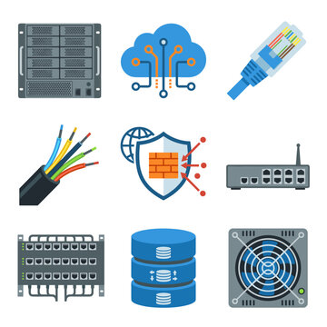 Set of network infrastructure and data center hardware flat icons on white background