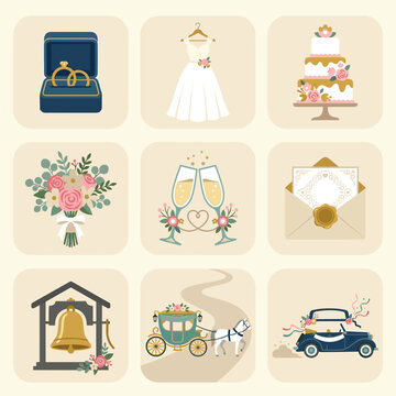 Set of flat wedding icons including dress rings and cake for marriage celebration design