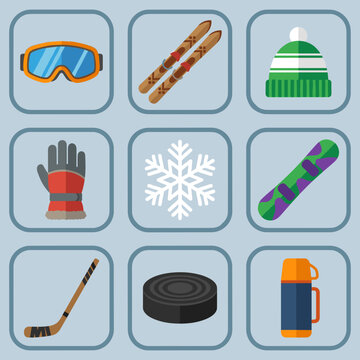 Set of winter sports equipment icons including skis, snowboard, and hockey gear.