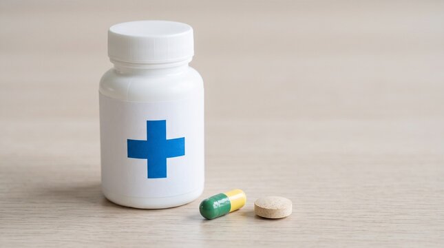 White plastic pill container standing beside green capsule and round tablet, symbolizing medical prescription, healthcare treatment, and pharmaceutical safety