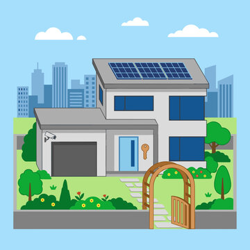 Modern eco-friendly house with solar panels and garden before a city skyline