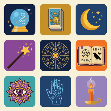 Set of colorful mystical icons for magic astrology and occult divination practices