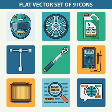 Automotive tools icon set illustrating car repair services and mechanical maintenance equipment