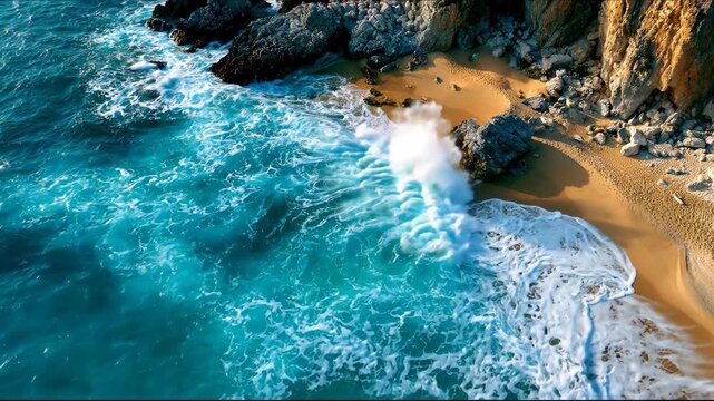 Top down aerial view of clear turquoise ocean water crashing on sandy beach and dark coastal rocks.