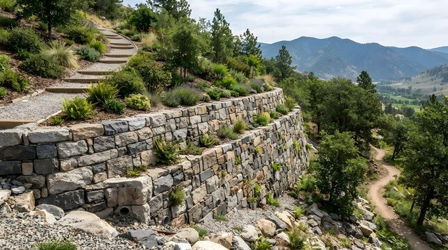 Natural stone retaining wall in mountain landscape, tiered rock garden with stone steps, scenic hillside landscaping with mountain views