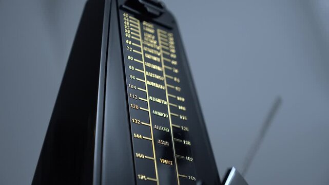 Black vintage metronome beating rhythm in slow motion close up.