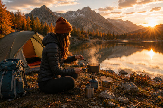 Woman cooking on portable camping stove by alpine lake during autumn adventure