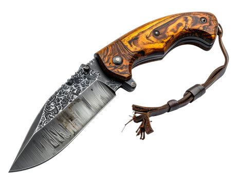 A finely crafted folding knife with a Damascus blade and ornate wooden handle.