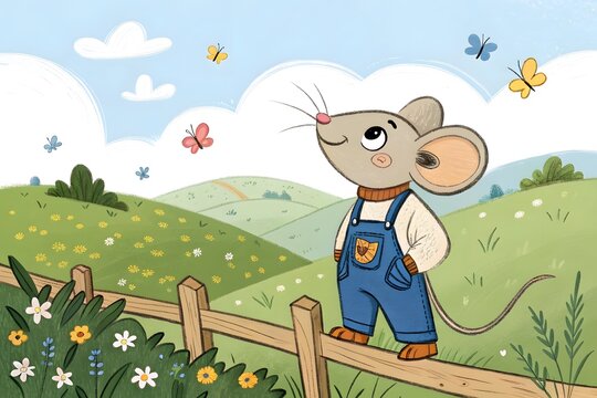 Cute cartoon mouse wearing overalls standing on a wooden fence in a meadow