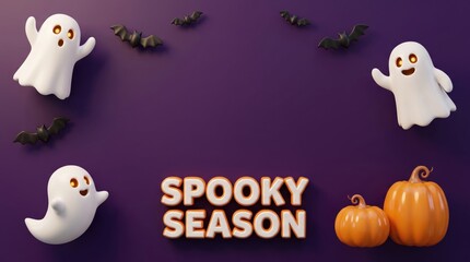 Obraz premium Festive halloween scene with cute ghosts pumpkins and bats on a purple background