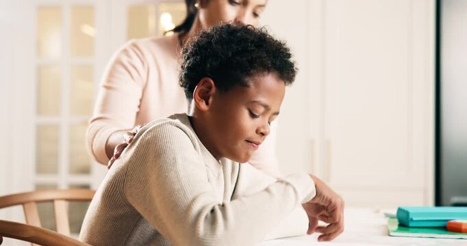 Homework, mother and tired child for wake up, education and study burnout of difficult schoolwork. Woman, motivation and kid asleep in home with paper, learning challenge and academic stress of exams