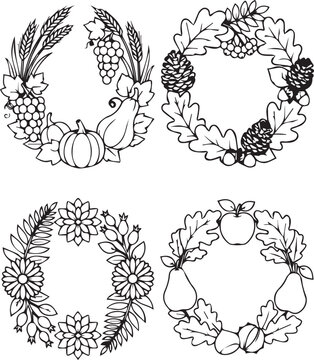 Set of four autumn harvest floral wreaths with pumpkins, grapes, wheat, oak leaves, acorns, and fruit. Black and white vector line art for fall coloring pages and craft designs.