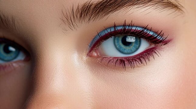 Closeup beauty portrait featuring eye makeup in Pantone Polar Wind and 551 C colors, with blue and burgundy eyeshadow and defined eyelashes