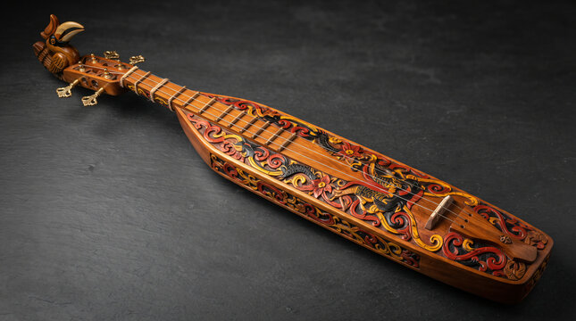 Traditional Dayak sape wooden lute instrument with intricate colorful floral carvings and hornbill head stock studio shot on slate