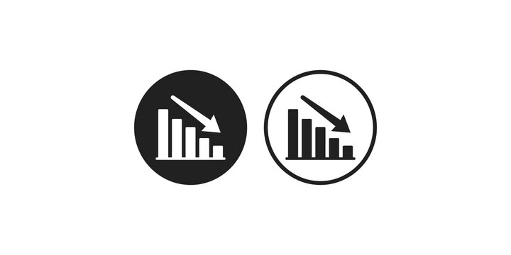 Declining business bar chart icon set in circular frame for financial loss and negative growth analysis.