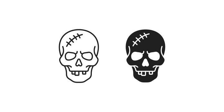Halloween zombie skull icon set in outline and filled styles.