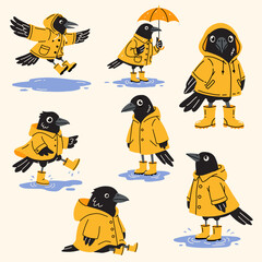 Obraz premium Cute Crow in Yellow Raincoat Illustration Collection