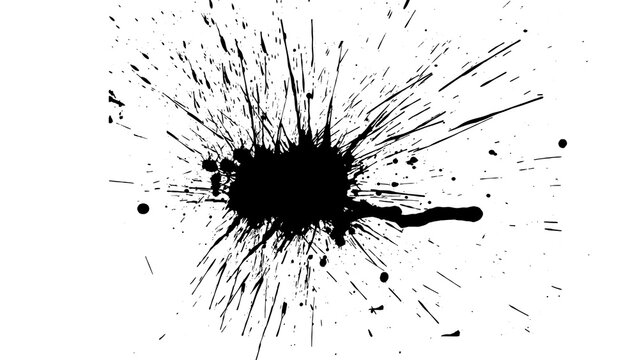 Black ink splatter graphic element Large paint splash with sharp radiating droplets Isolated on transparent background for artistic overlay designs