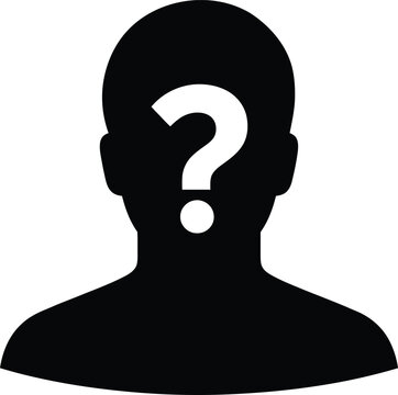 Anonymous person avatar silhouette icon with question mark for unknown user profile, mystery suspect, and default account placeholder. Vector illustration.