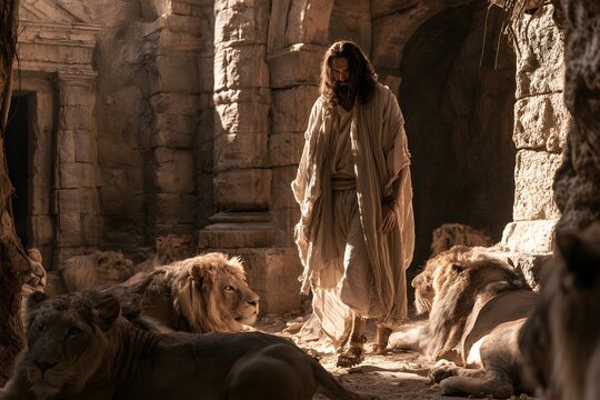 Biblical prophet daniel standing amidst a pride of lions in a stone dungeon, cinematic lighting