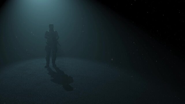 Lone soldier standing in dark moody spotlight with falling dust particles.