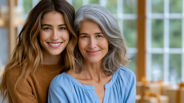 Young woman posing with gray haired mother at home for intergenerational family bonding