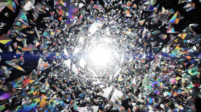 Abstract iridescent glass shards swirling in a dark tunnel