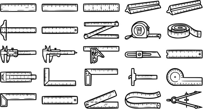 Black and White Line Art of Various Measuring Tools, Construction Instruments