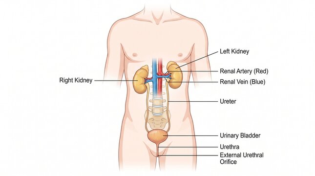 Anatomical diagram of the human urinary system showing kidneys, ureters, and bladder.