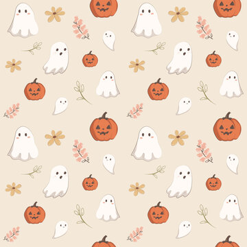 Cute ghost and pumpkin halloween seamless pattern for background, wallpaper, textile print