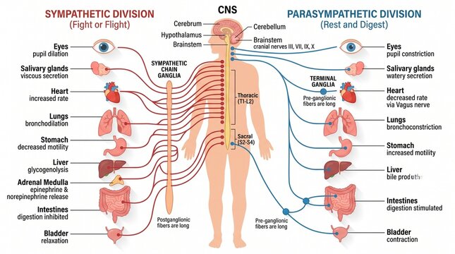 Autonomic Nervous System Infographic Showing Sympathetic and Parasympathetic Divisions