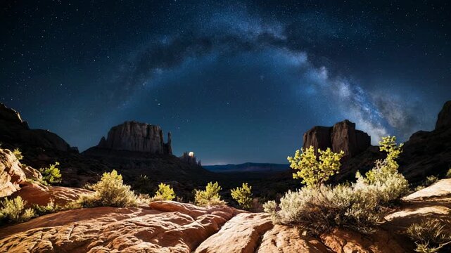 Milky Way arching over desert mesas during a dramatic thunderstorm with lightning strikes