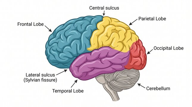 Human brain lobes labeled diagram showing frontal, parietal, temporal, occipital, cerebellum, and brainstem anatomy