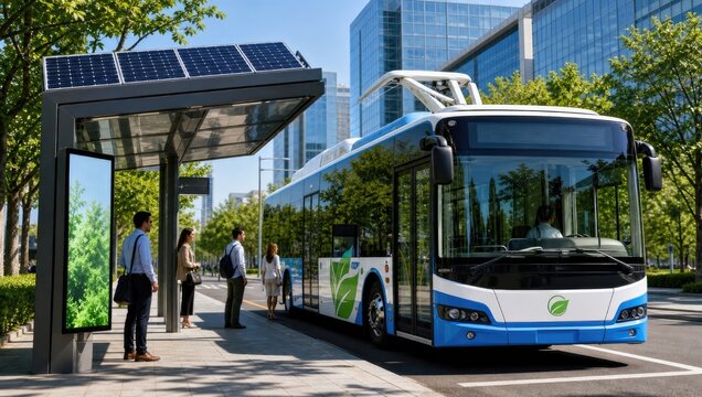 Modern electric bus with overhead charging arm stops at smart transit shelter equipped with solar panels and digital displays in contemporary urban district.